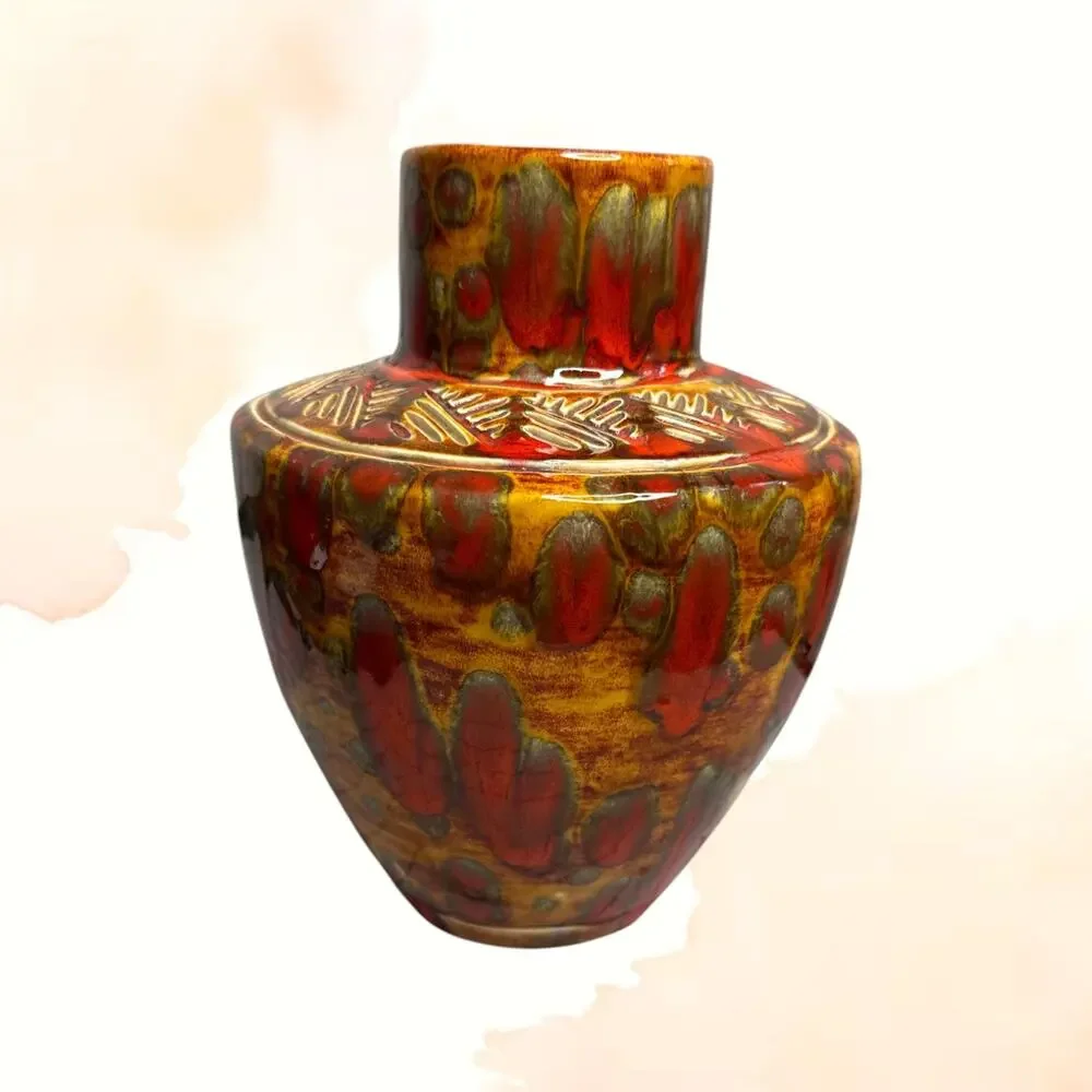 Vintage Signed Studio Pottery Vase Red Orange Glaze MCM Statement 9in